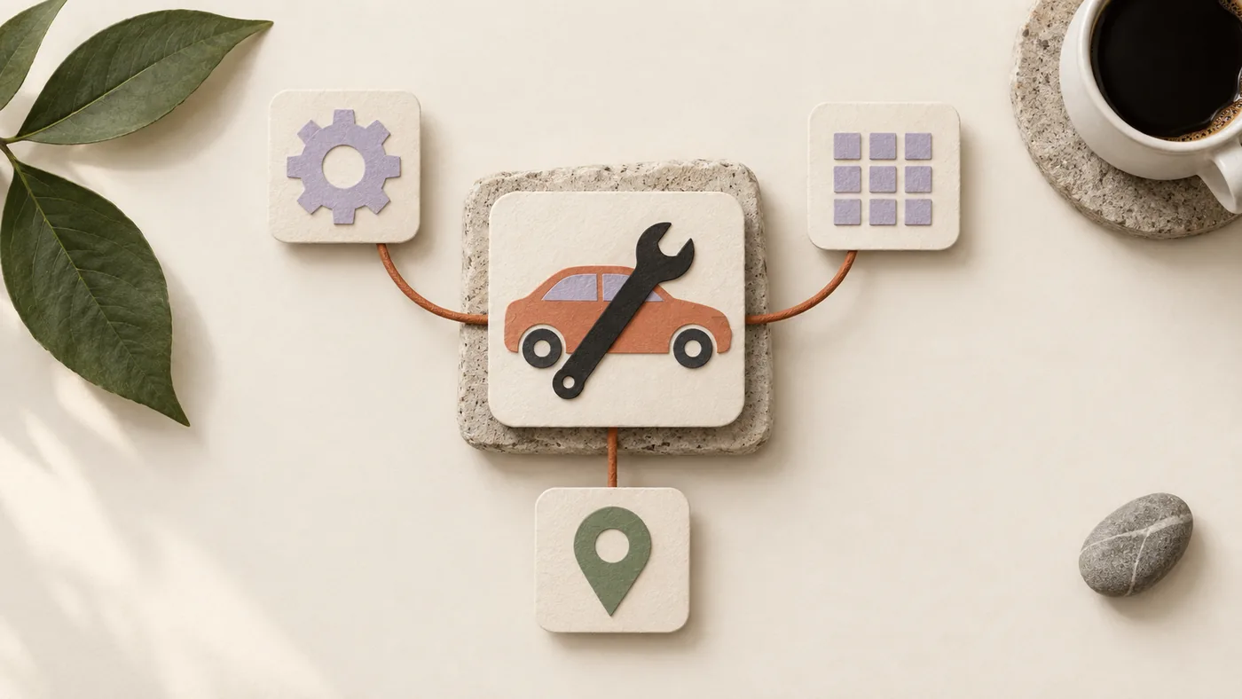 Paper-craft car crossed by a wrench for auto repair, corded to gear, calendar and map pin tiles on cream paper.