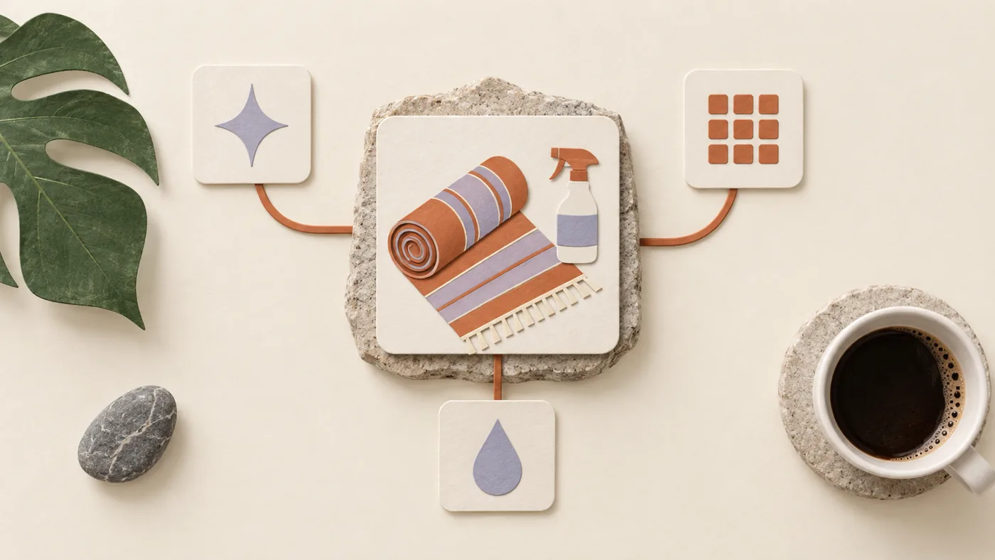 Paper-craft rolled rug and spray bottle for carpet cleaning, linked to sparkle, calendar and water drop tiles.