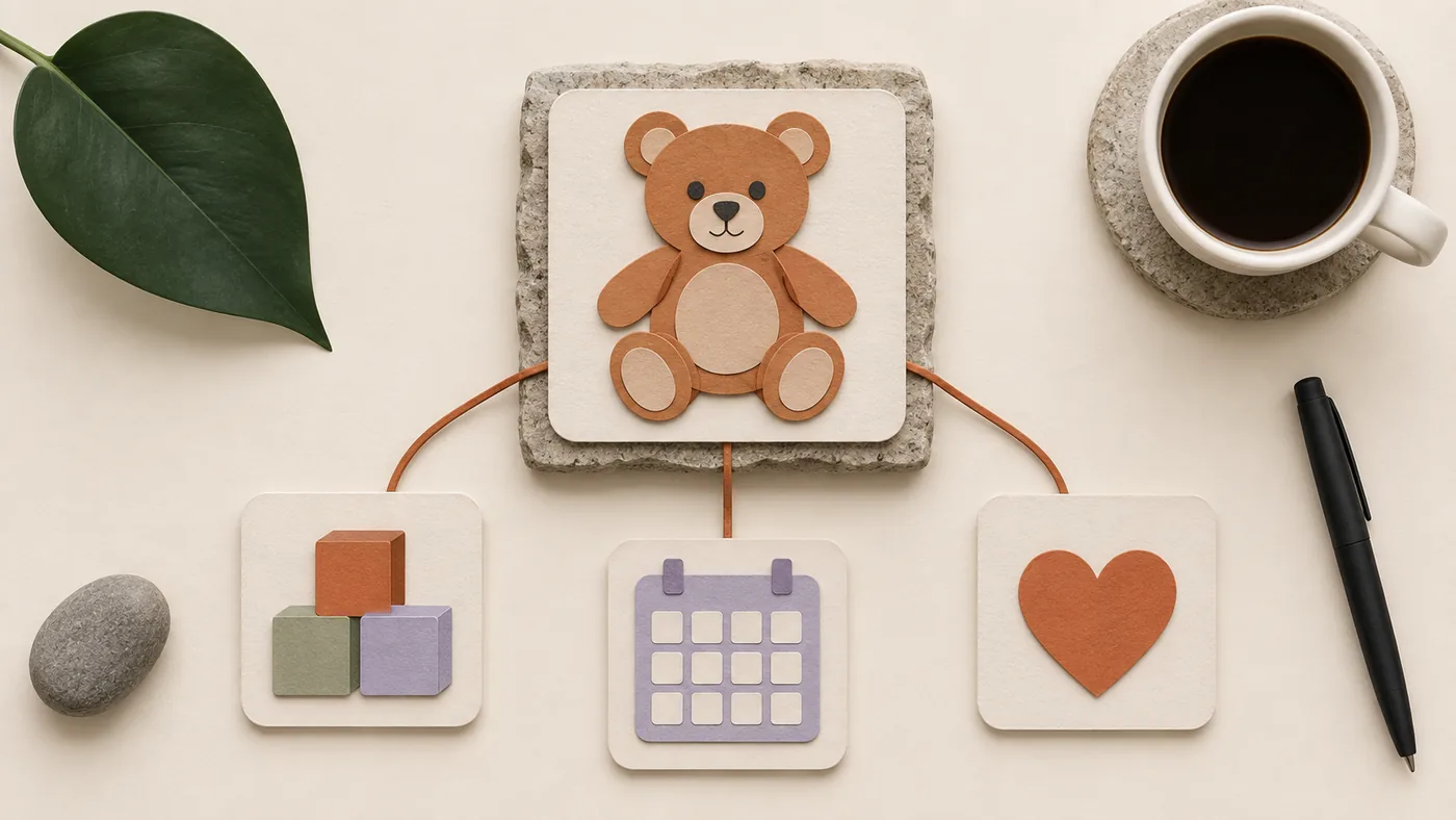Paper-craft teddy bear card for childcare, corded to toy blocks, calendar and heart tiles on cream paper.