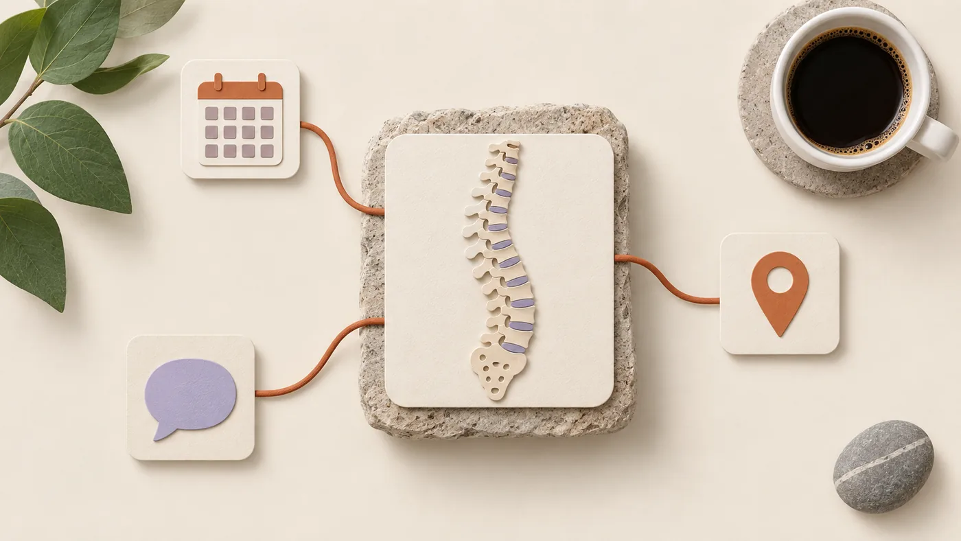 Paper-craft spine in a gentle curve for chiropractors, corded to calendar, chat bubble and map pin tiles.
