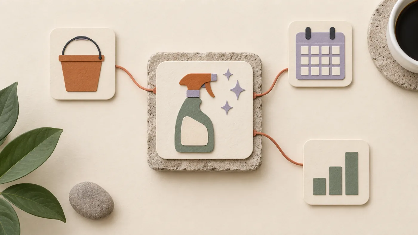 Paper-craft spray bottle with sparkles for cleaning services, corded to bucket, calendar and bar chart tiles.