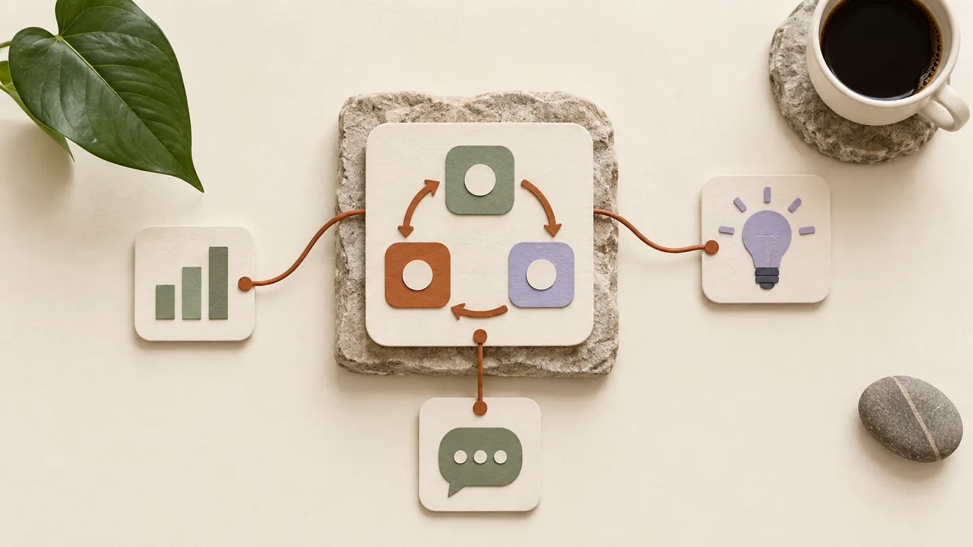Paper-craft loop of three linked boxes for consulting, corded to bar chart, lightbulb and chat bubble tiles.