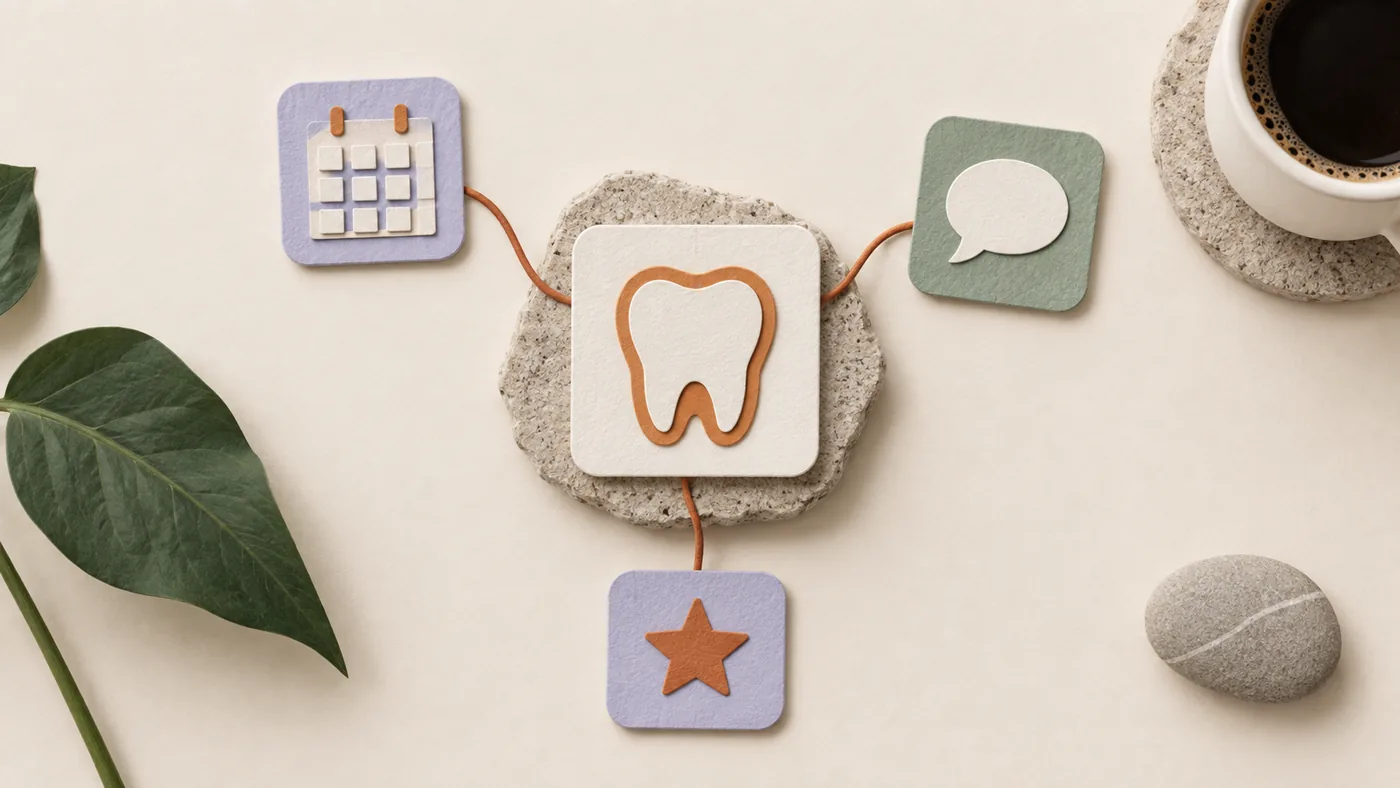 Paper-craft tooth card on a stone plinth for dentists, corded to calendar, chat bubble and star tiles.