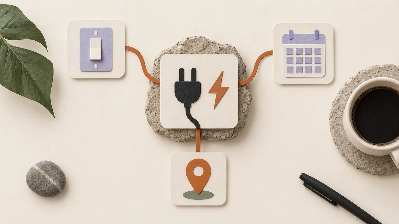 Paper-craft plug and lightning bolt for electricians, corded to light switch, calendar and map pin tiles.