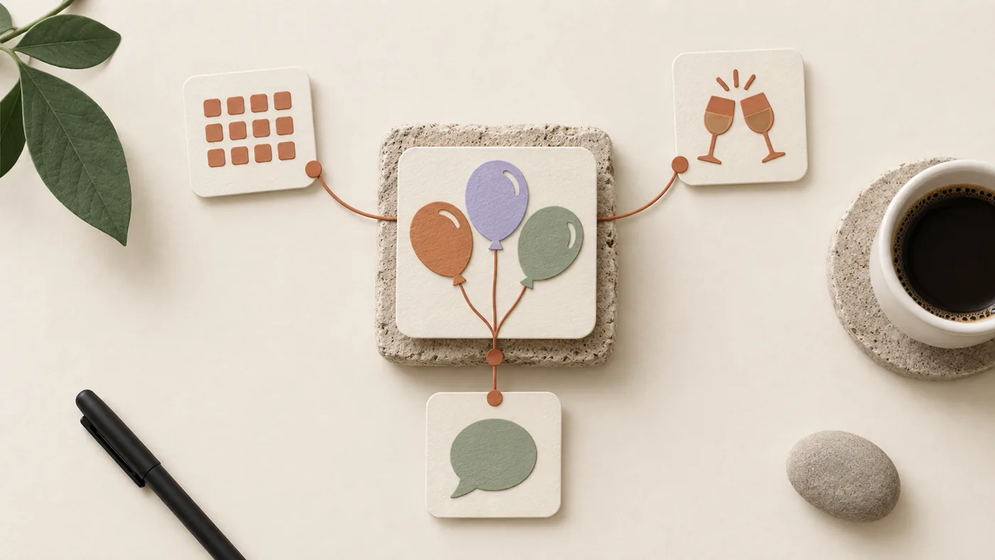 Paper-craft balloons for event planners, corded to calendar, raised glasses and chat bubble tiles on cream paper.