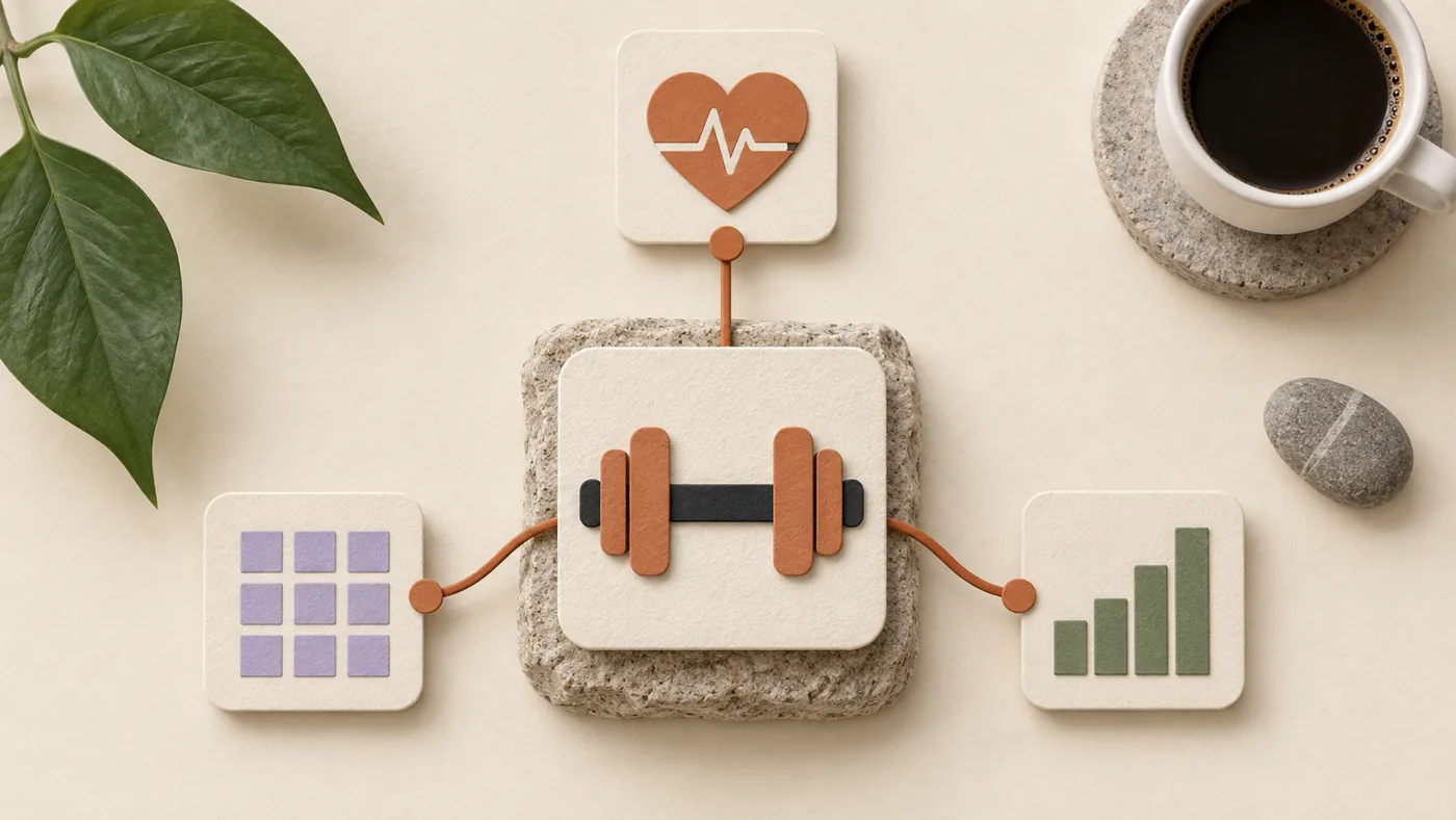 Paper-craft dumbbell on a stone plinth for fitness, corded to heart rate, calendar and bar chart tiles.