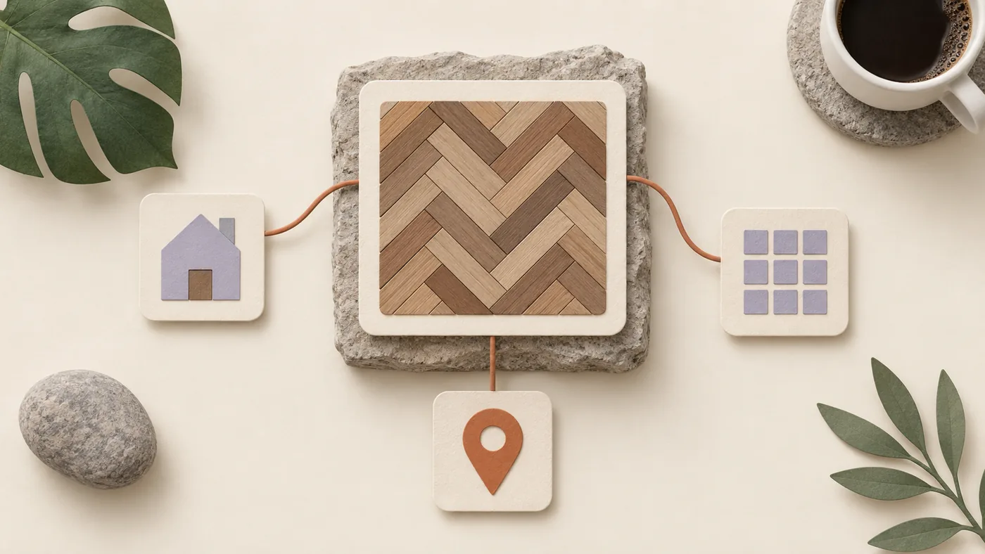 Paper-craft herringbone wood floor square for flooring, corded to house, calendar and map pin tiles.