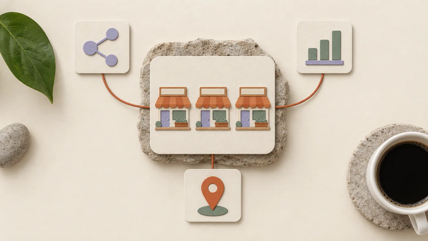 Paper-craft row of three matching shopfronts for franchises, corded to network, bar chart and map pin tiles.