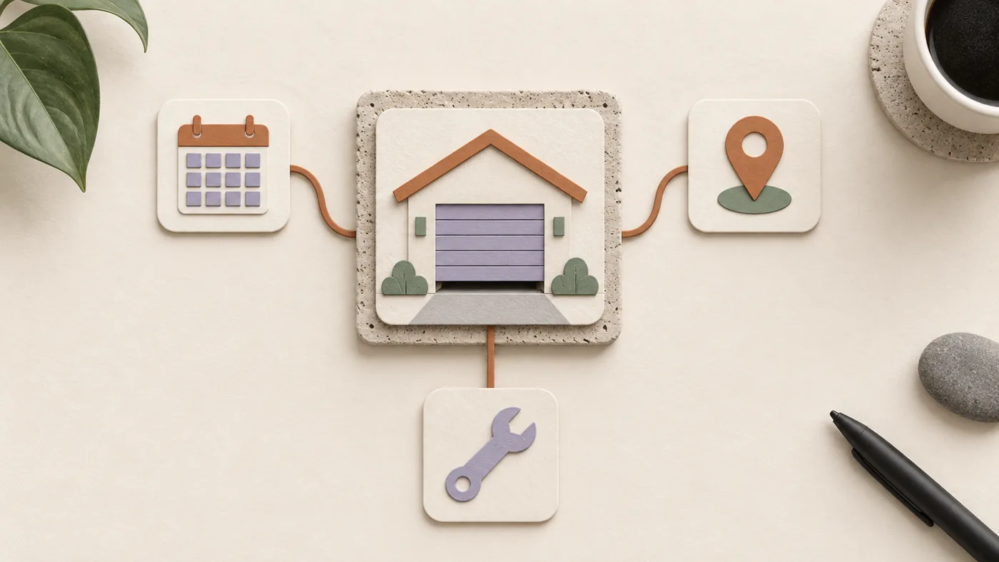 Paper-craft house with a sectional garage door for garage door repair, corded to calendar, map pin and wrench tiles.