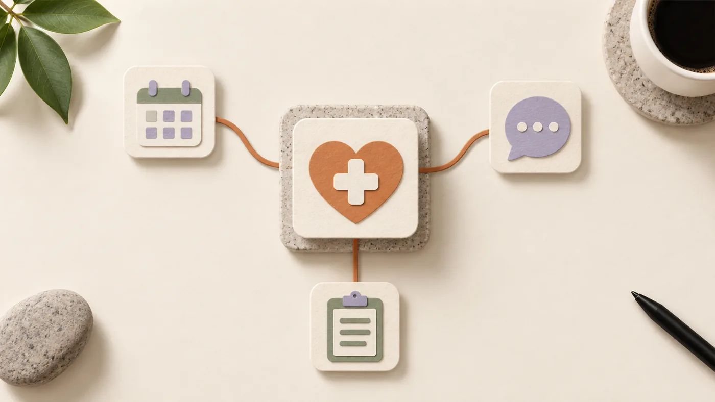 Paper-craft heart with a medical cross for healthcare, corded to calendar, chat bubble and clipboard tiles.
