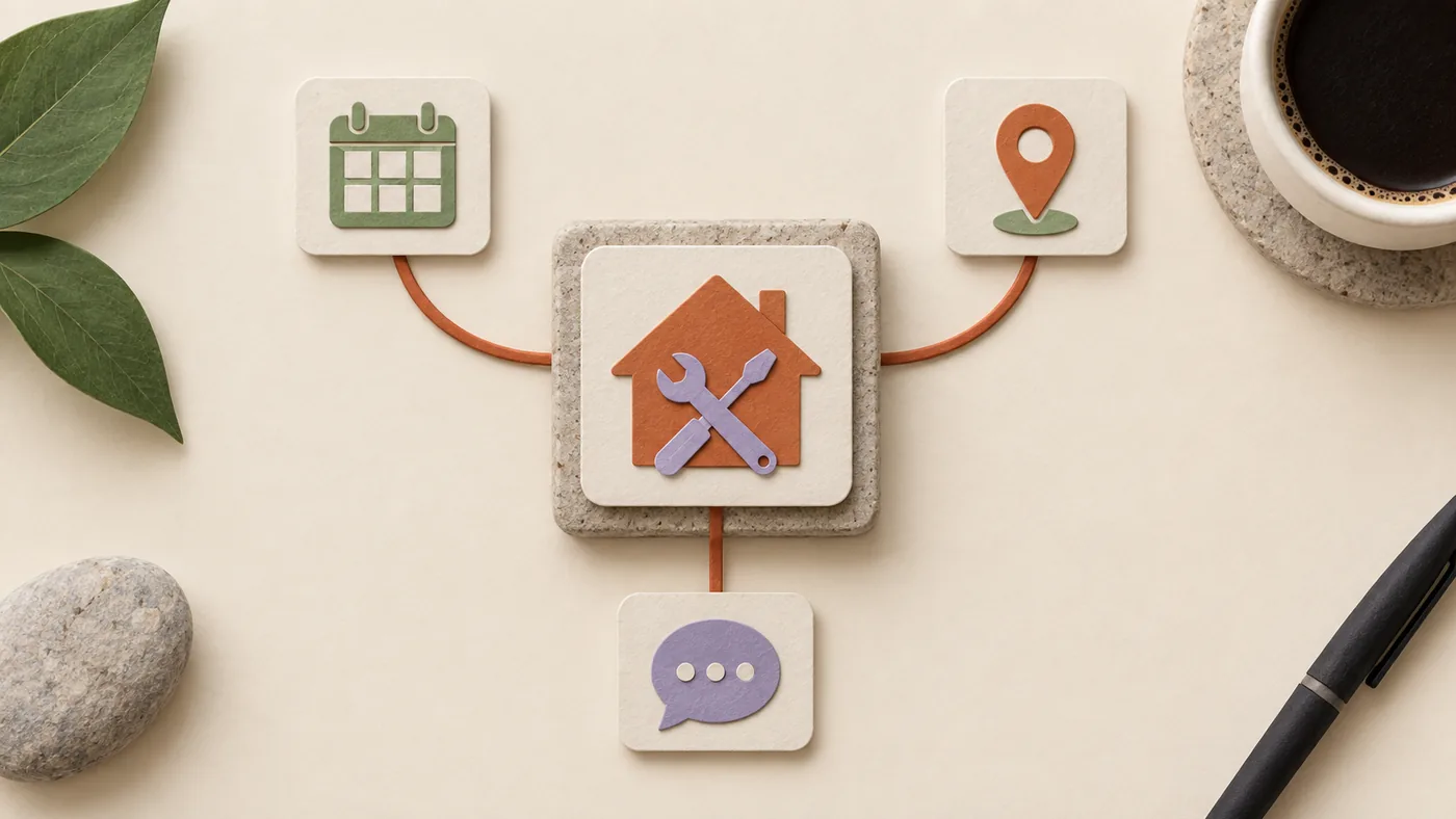 Paper-craft house with a crossed wrench and screwdriver for home services, corded to calendar, map pin and chat tiles.