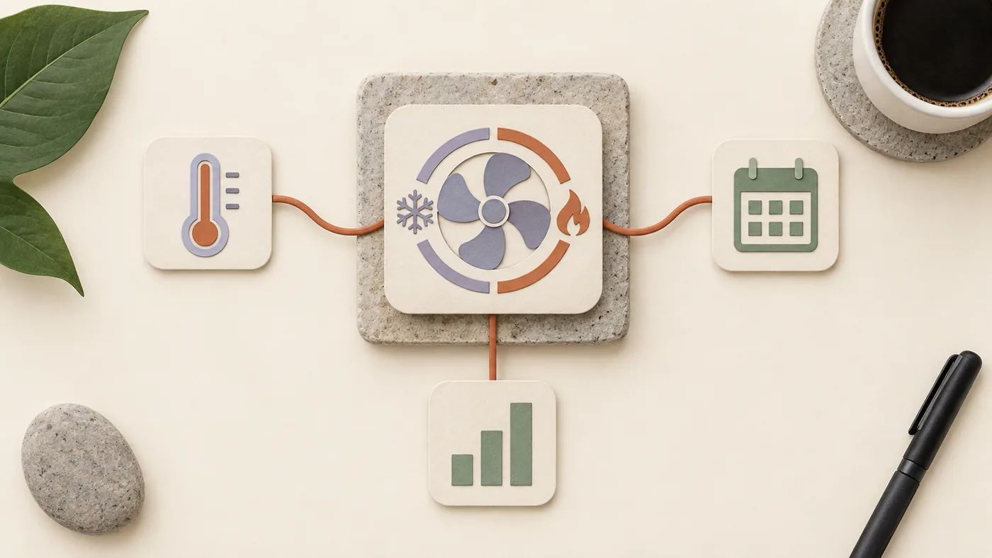 Paper-craft fan vent with snowflake and flame for HVAC, corded to thermometer, calendar and bar chart tiles.
