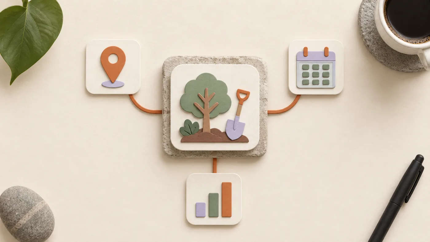 Paper-craft tree, shrub and garden spade for landscaping, corded to map pin, calendar and bar chart tiles.