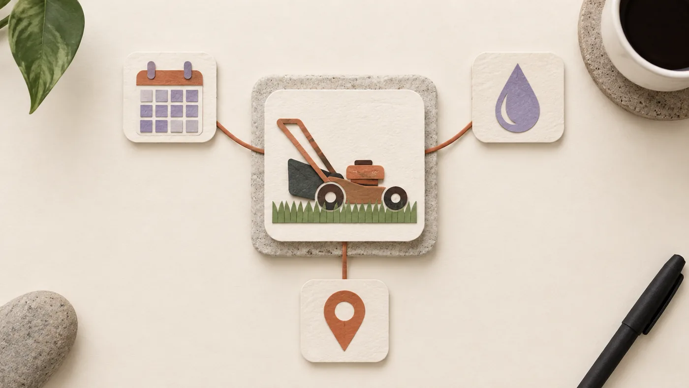 Paper-craft push mower on cut grass for lawn care, corded to calendar, water drop and map pin tiles.
