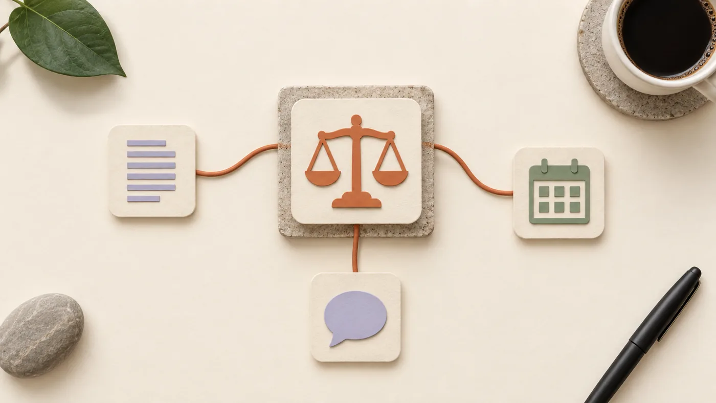 Paper-craft balanced scales of justice for law firms, corded to document, calendar and chat bubble tiles.