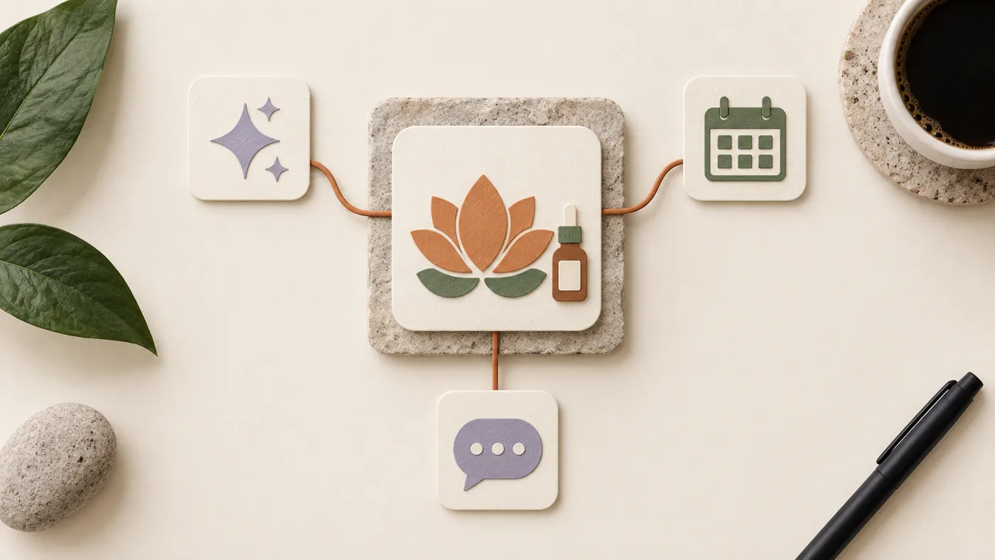 Paper-craft lotus and serum dropper bottle for med spas, corded to sparkle, calendar and chat bubble tiles.