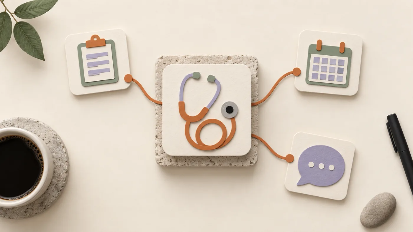Paper-craft stethoscope card for medical practices, corded to clipboard, calendar and chat bubble tiles.