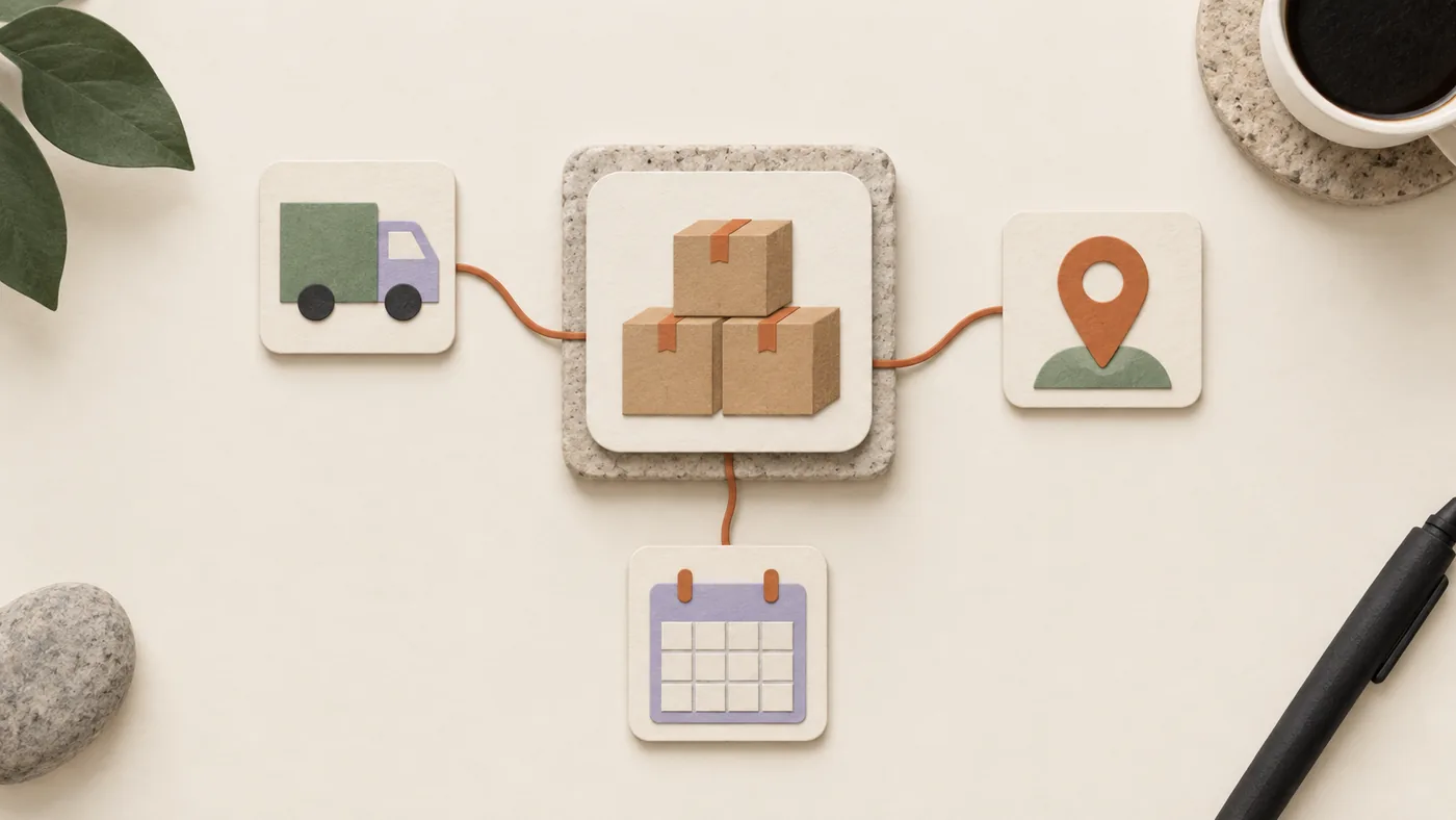 Paper-craft stack of moving boxes for movers, corded to delivery truck, map pin and calendar tiles.