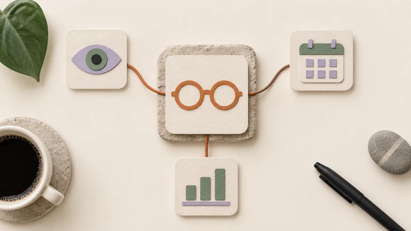 Paper-craft round eyeglasses for optometrists, corded to eye, calendar and bar chart tiles on cream paper.