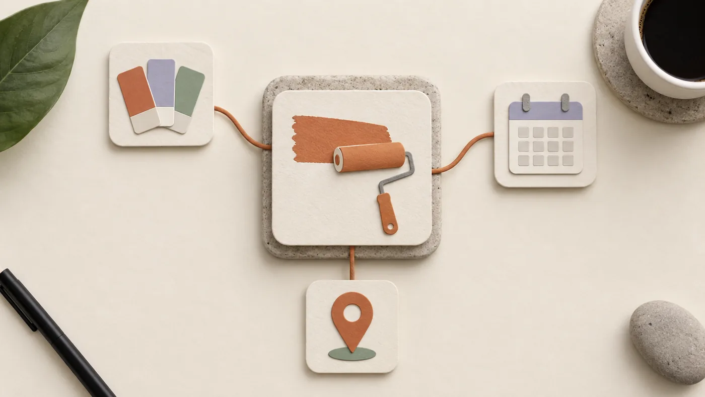 Paper-craft paint roller with a fresh stripe for painters, corded to color swatch, calendar and map pin tiles.