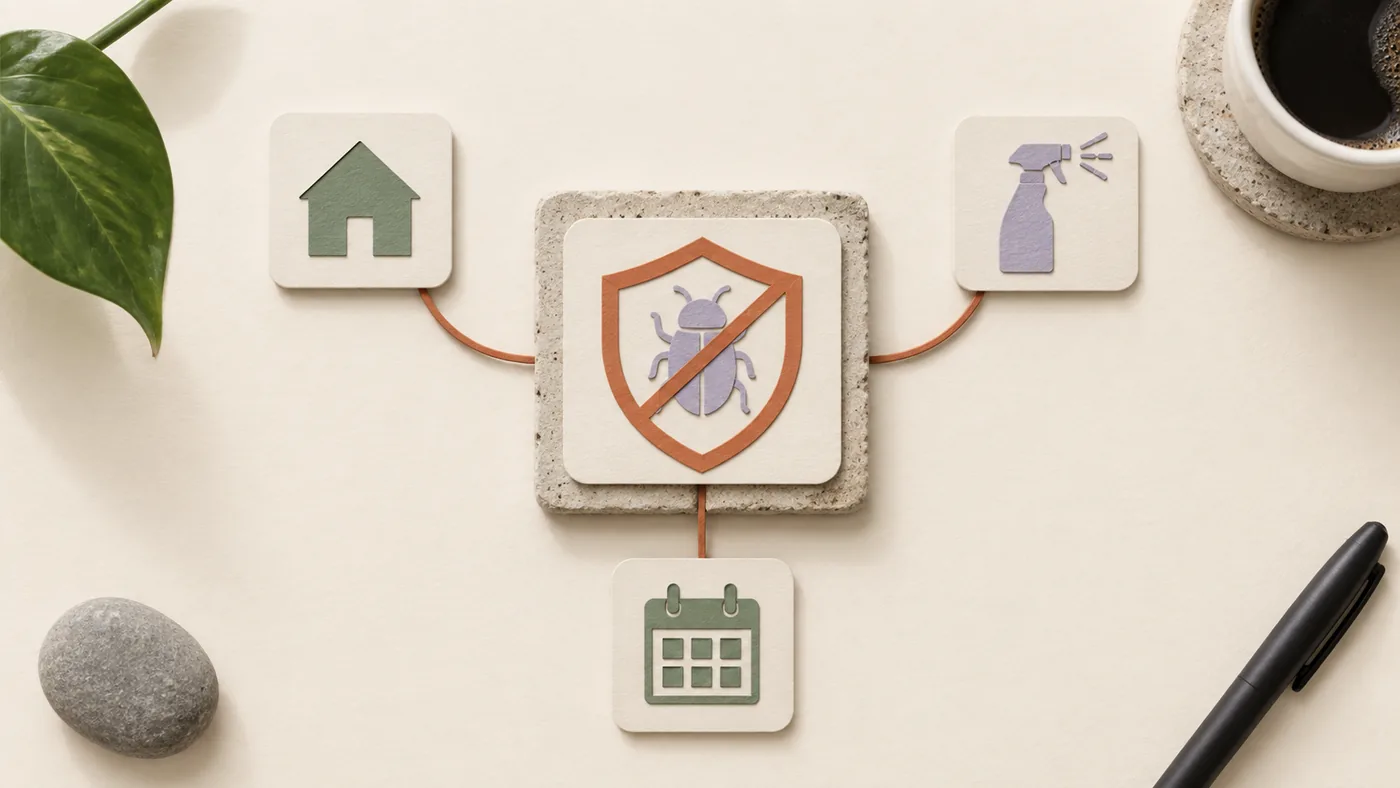 Paper-craft shield over a crossed out beetle for pest control, corded to house, spray bottle and calendar tiles.