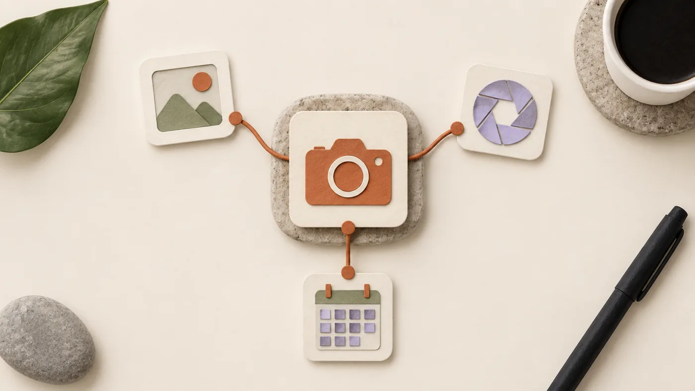 Paper-craft camera card for photographers, corded to photo, lens aperture and calendar tiles on cream paper.