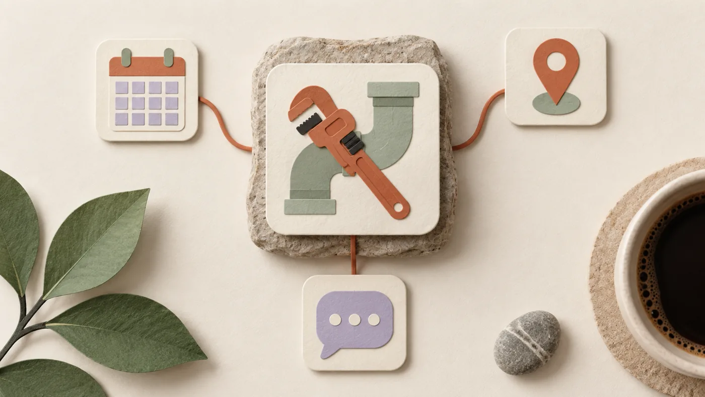 Paper-craft pipe and pipe wrench for plumbing, corded to calendar, map pin and chat bubble tiles on cream paper.
