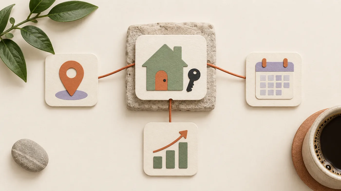Paper-craft house and key for real estate, corded to map pin, calendar and rising chart tiles on cream paper.