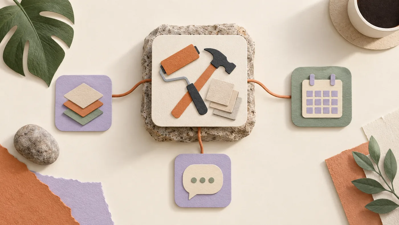 Paper-craft paint roller, hammer and tiles for remodeling, corded to layers, calendar and chat bubble tiles.