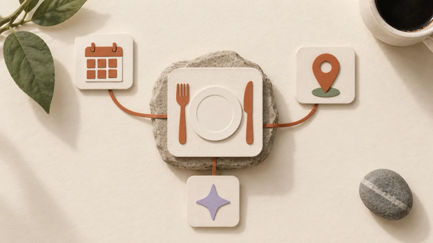 Paper-craft plate with fork and knife for restaurants, corded to calendar, map pin and sparkle tiles.