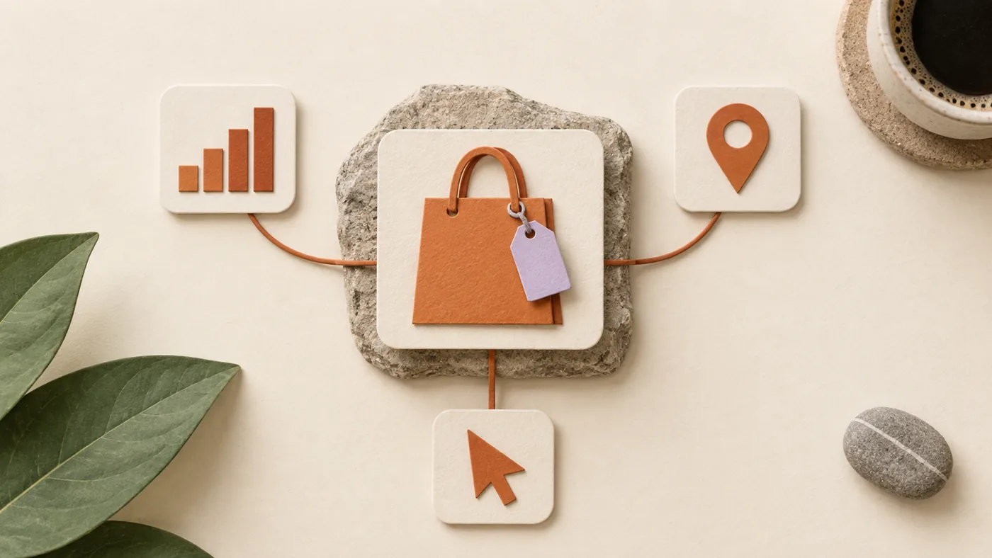 Paper-craft shopping bag with a price tag for retail stores, corded to bar chart, map pin and cursor tiles.