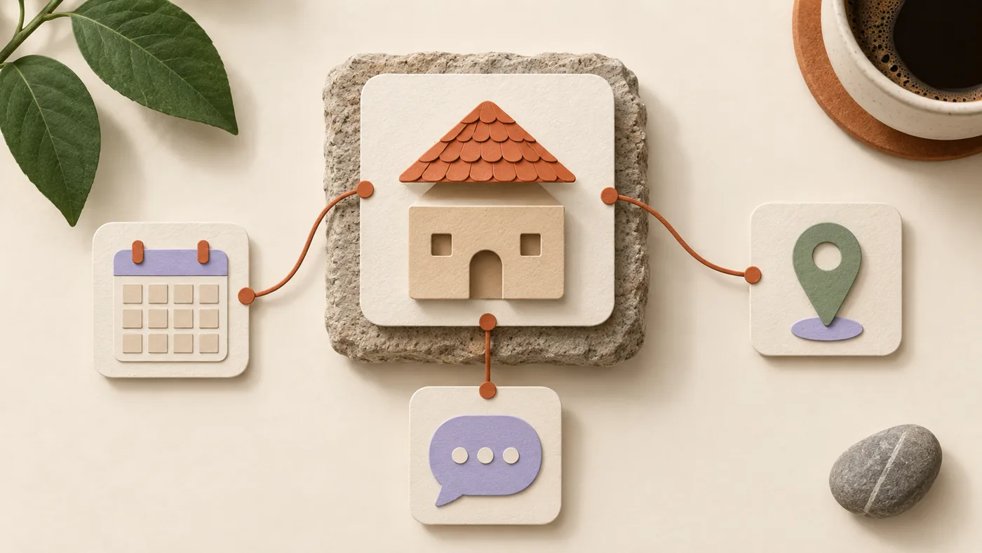 Paper-craft house with its shingled roof lifted for roofing, corded to calendar, map pin and chat bubble tiles.
