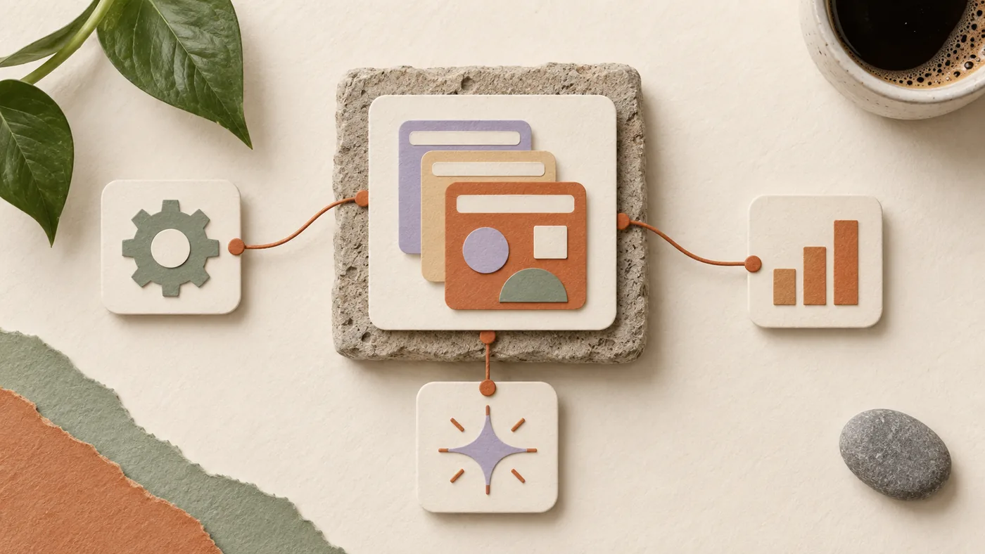 Paper-craft stack of layered window cards for SaaS, corded to gear, bar chart and sparkle tiles on cream paper.