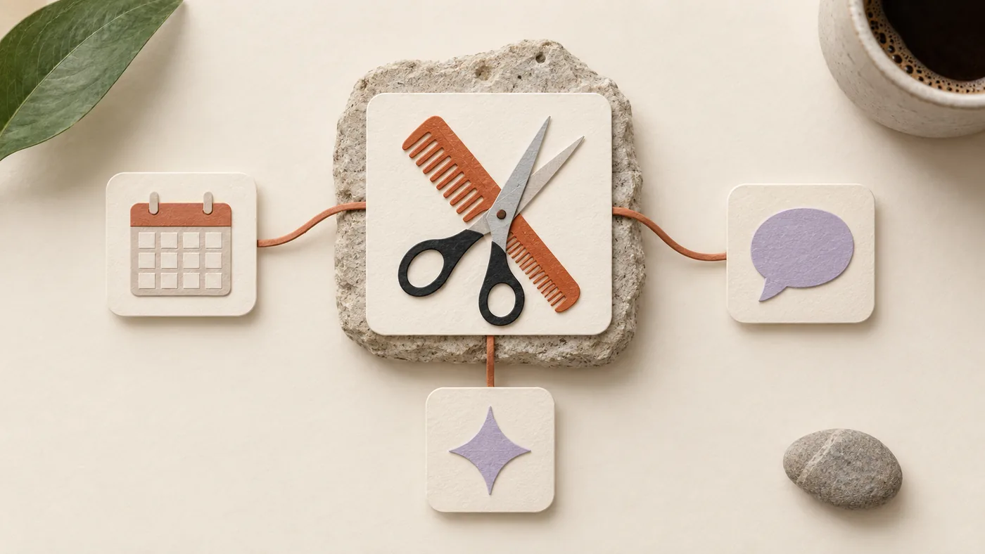 Paper-craft scissors crossed with a comb for salons, corded to calendar, chat bubble and sparkle tiles.