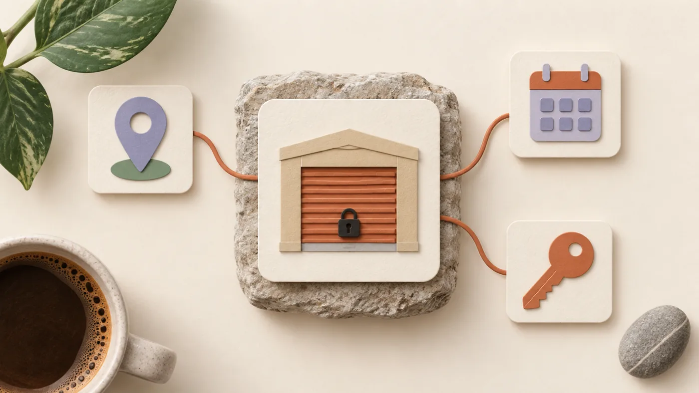 Paper-craft storage unit with a padlocked roll-up door for self storage, corded to map pin, calendar and key tiles.