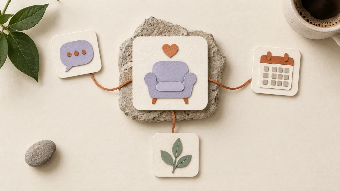 Paper-craft armchair with a small heart for therapists, corded to chat bubble, calendar and leaf tiles.