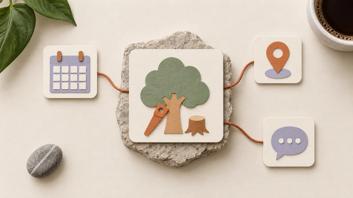 Paper-craft tree, hand saw and cut stump for tree service, corded to calendar, map pin and chat bubble tiles.