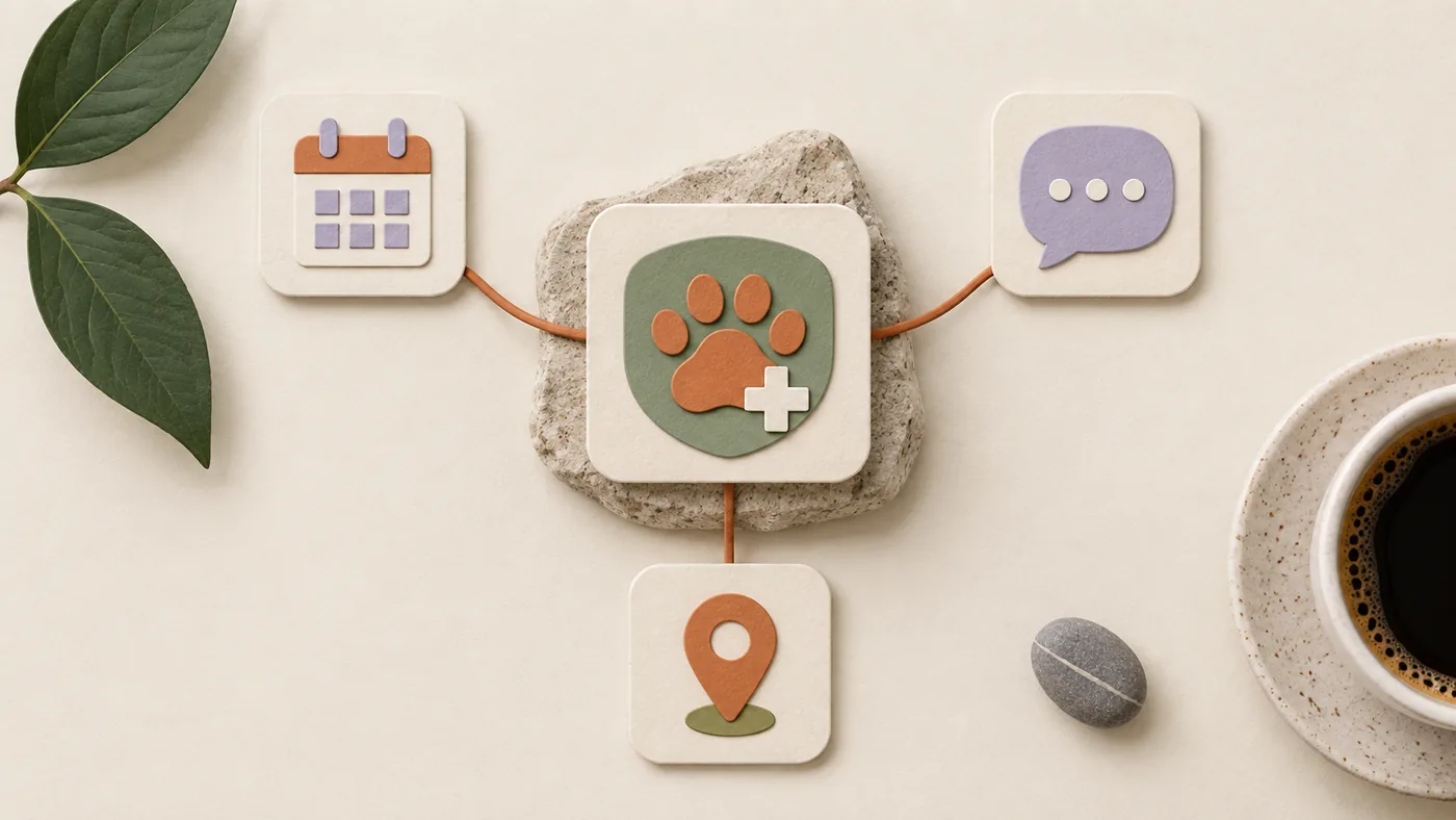 Paper-craft paw print on a shield with a medical cross for veterinarians, corded to calendar, chat and map pin tiles.