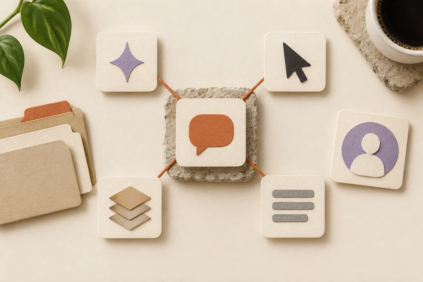 Cut-paper chat bubble card on a stone plinth, corded to spark, cursor, layers and document tiles, beside folders and coffee.
