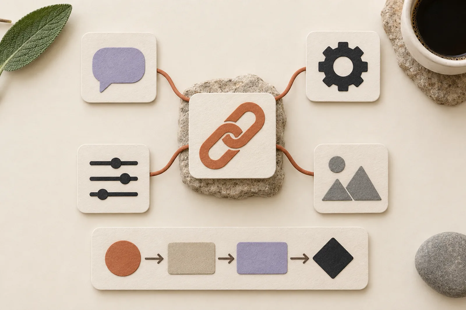 Cut-paper chain-link card on a stone plinth, corded to chat, gear, slider and image tiles above a paper flow diagram.